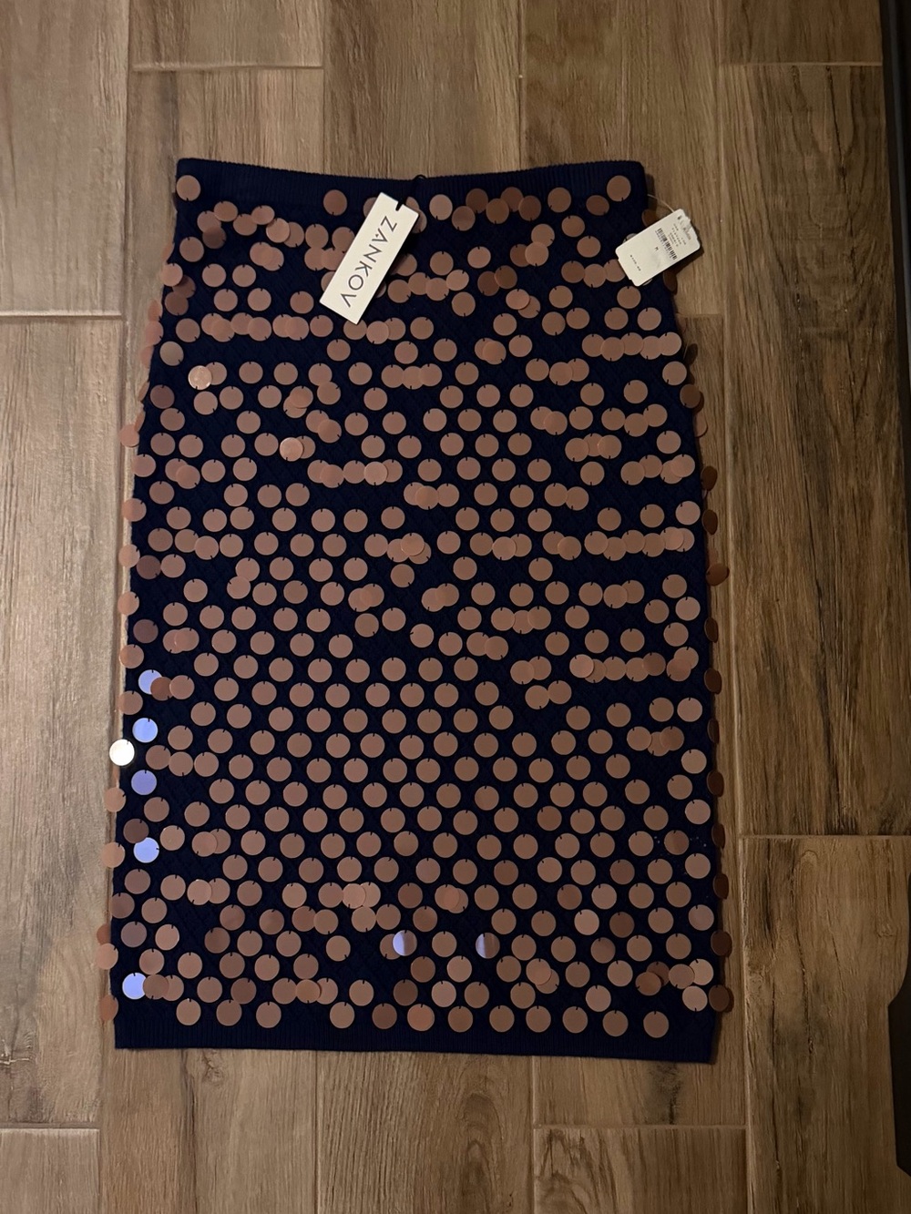 Navy Pencil Skirt with Rose-Gold Sequin Dots